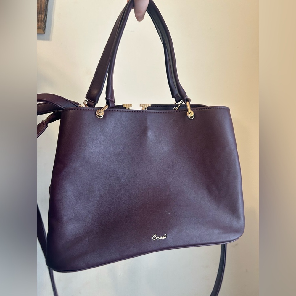 Burgundy Structured Satchel Bag Gold V Top Handle Crossbody Purse - Picture 6 of 12